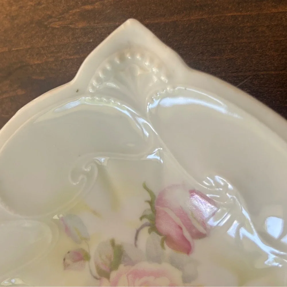 Vintage Germany Porcelain Nappy Dish White Floral Rose Luster Heart Cottagecore